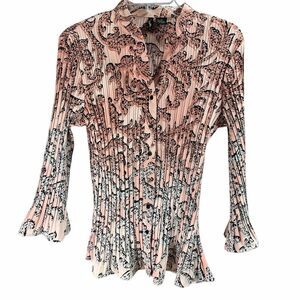 NUE OPTIONS Women’s Medium Pink Black Paisley Pleated Blouse Ruffle Sleeve Top